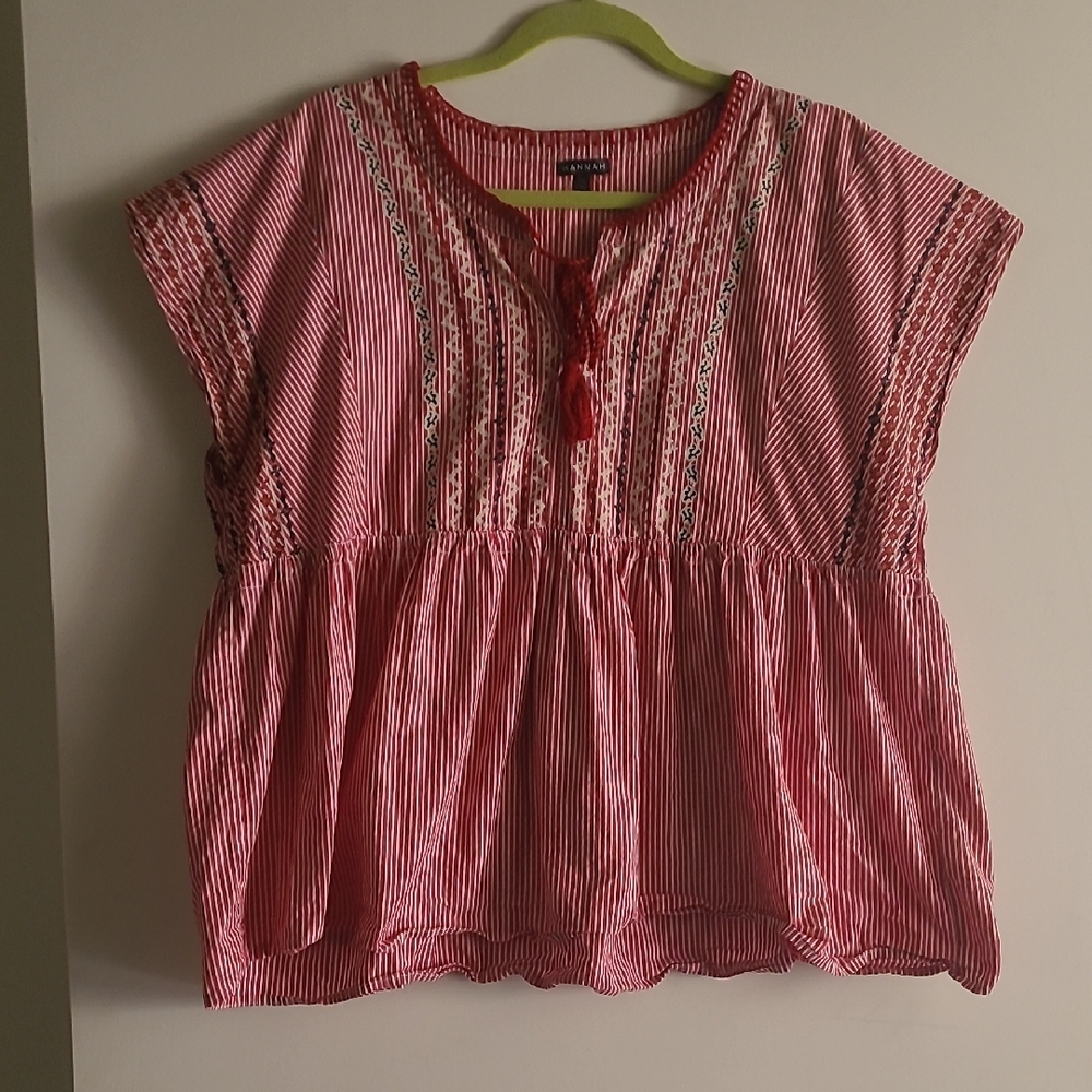 Red Striped Women's Peplum Top- Hannah brand, Size Large.